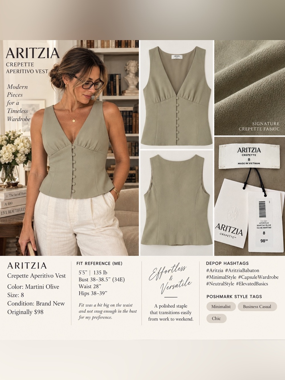 Aritzia Crepette Aperitivo Vest Martini Olive Size 8 NWT